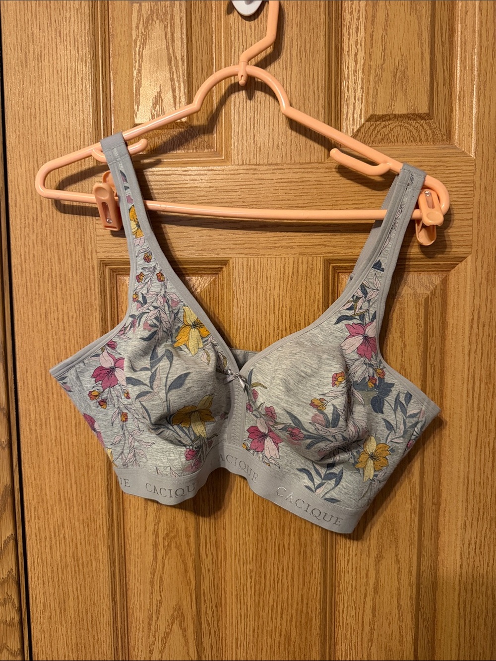 Cacique Heather Gray Floral Wireless Bra with Pink & Yellow Blooms